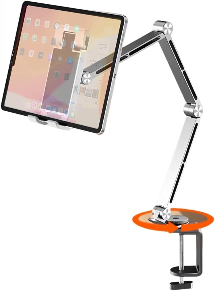 Adjustable Phone Tablet Mount, Ergonomic Multi Joint Stand with Sturdy Desk Clamp, 360° Rotatable & Height Compatible with Devices for Home,Office,Studio(Silver)
