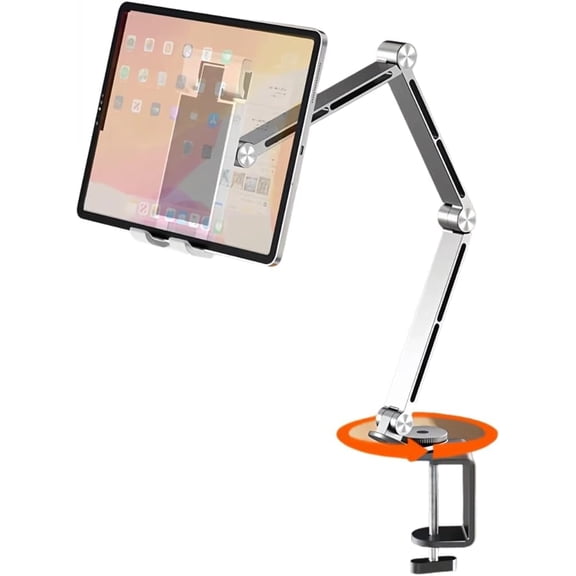 Adjustable Phone Tablet Mount, Ergonomic Multi Joint Stand with Sturdy Desk Clamp, 360° Rotatable & Height Compatible with Devices for Home,Office,Studio(Silver)