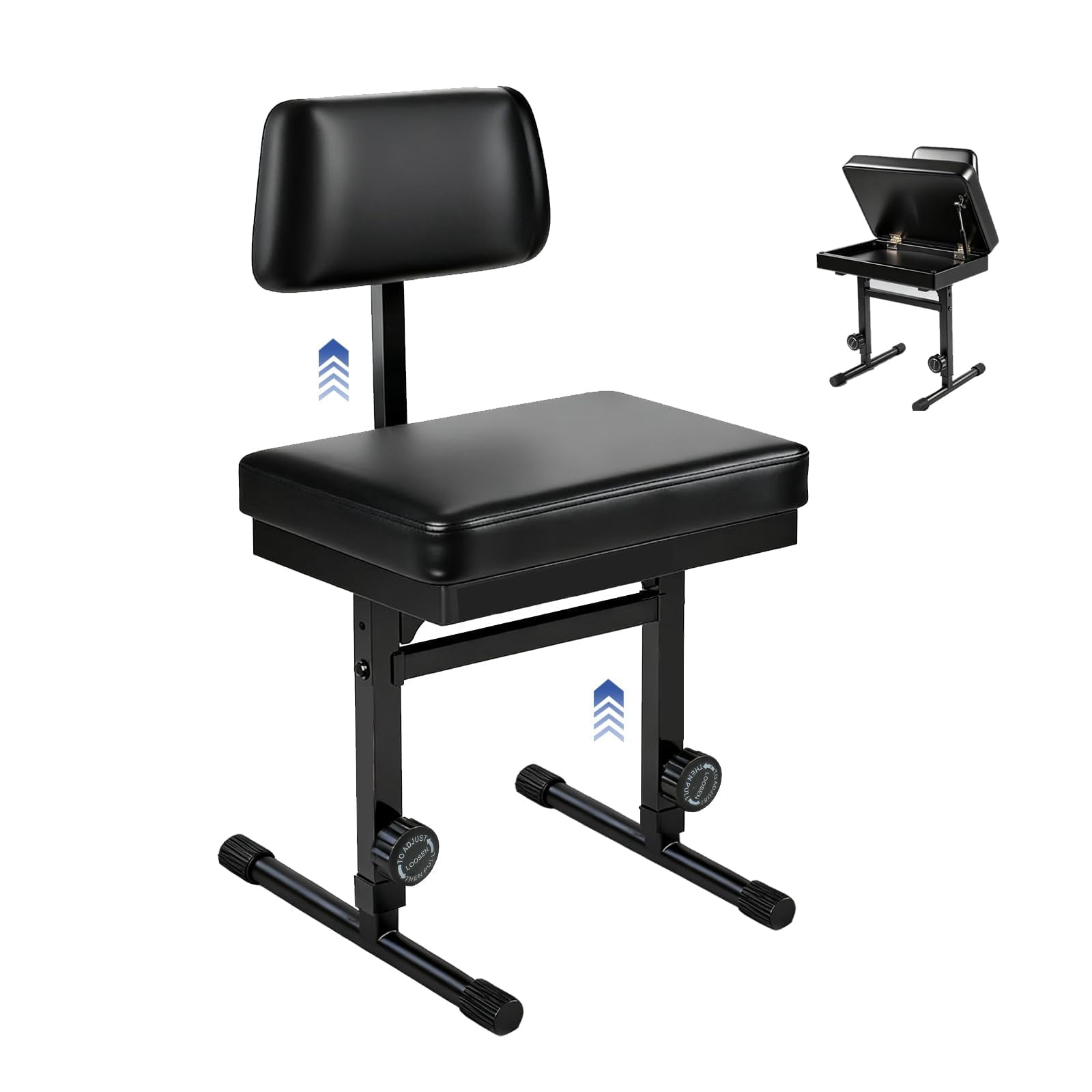 Adjustable Piano Bench With Storage Guitar Stool Back Support Music Keyboard Black Cushion Height For Stand Musicians Playing Chair