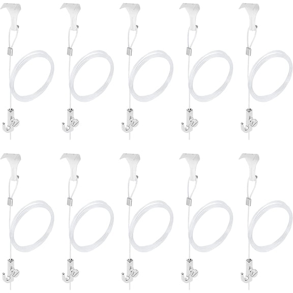 Adjustable Picture Rail Hanging System with Side Screw Hook , 6.6 ft (2 m) Invisible Clear Wire Loop, 33 lb (15 kg) Max Load, White Molding Hooks Kit Frame Displaying Hanger(Transparent, 10 Pack)