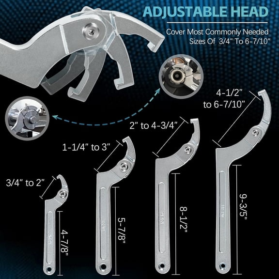 Adjustable Pin Spanner Wrench Tool Set, 9 Pack C Spanner Nut Wrench Tools with Changeable Heads, Coilover Hook Wrenches for Suspension System Collar, Nut Adjustment, 3/4" to 6-7/10"