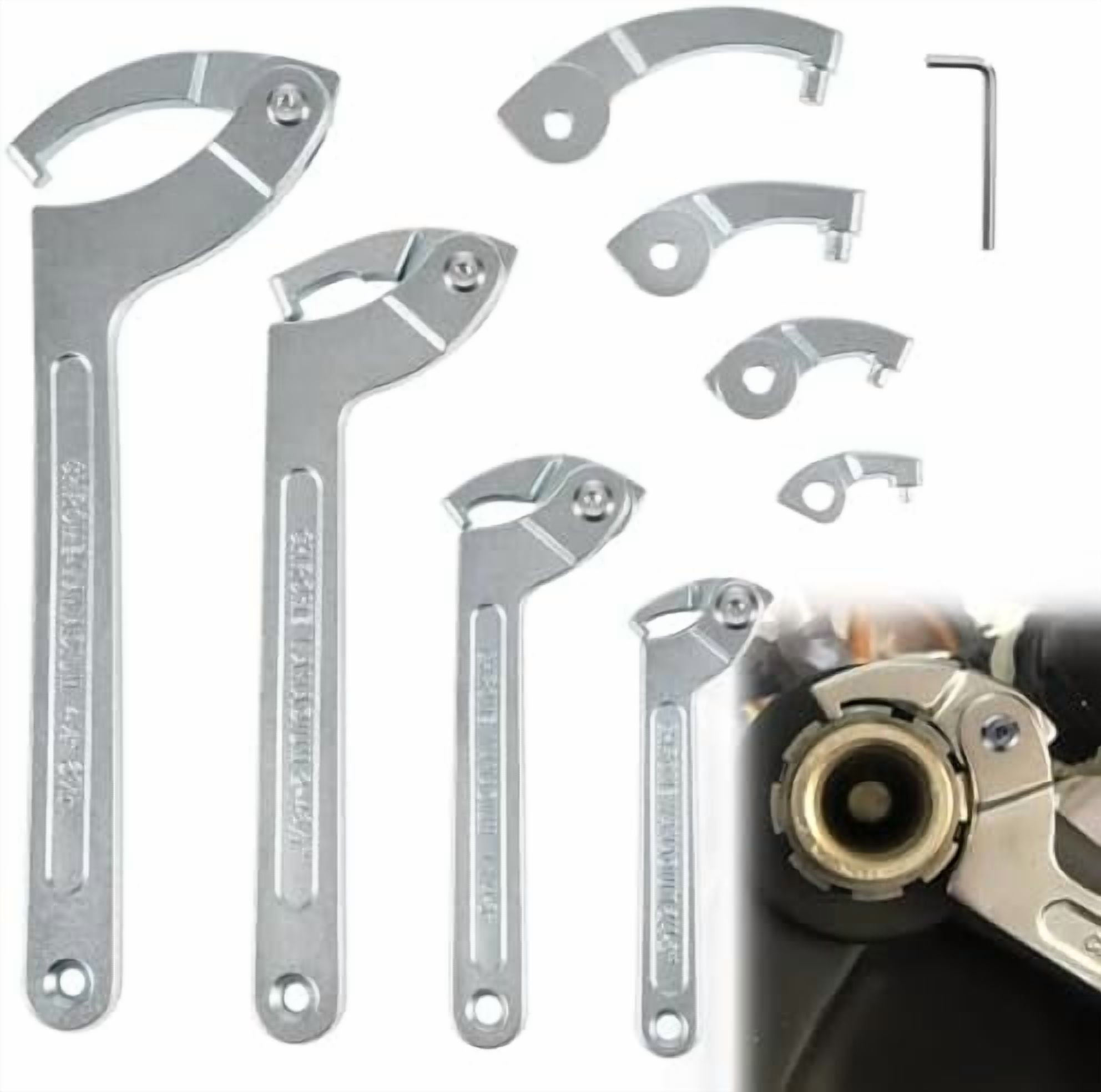 Adjustable Pin Spanner Wrench Tool Set, 9 Pack C Spanner Nut Wrench Tools with Changeable Heads, Coilover Hook Wrenches for Suspension System Collar, Nut Adjustment, 3/4" to 6-7/10"