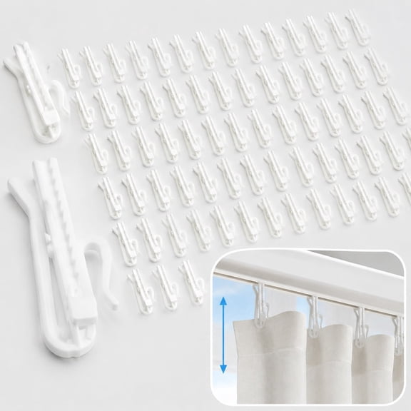 Adjustable Pinch Pleat Curtain Hooks, 100 PCS 2.7" Ratchet Mechanism Pinch Pleat Design Drapes Clips, Heavy Duty Plastic Curtain Hooks for Bedrooms Living Rooms Bathrooms Outdoor