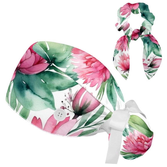 Adjustable Pink Flowers with Leaves Scrub Cap, Working Hat Hair Cover with Ponytail Pouch, Soft Bouffant Surgical Nurse Cap
