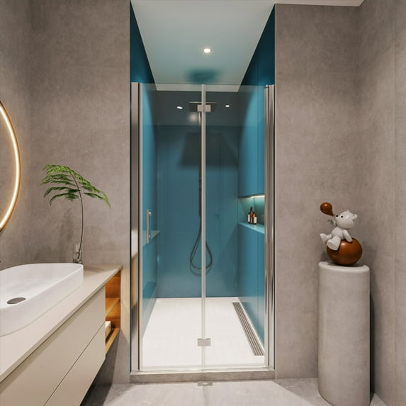 Adjustable Pivot Shower Door with 1/4" Tempered Glass & Universal Fit, 32-33 3/8" Adjustment Range, 304 Stainless Steel Handle & Leak-Proof Design