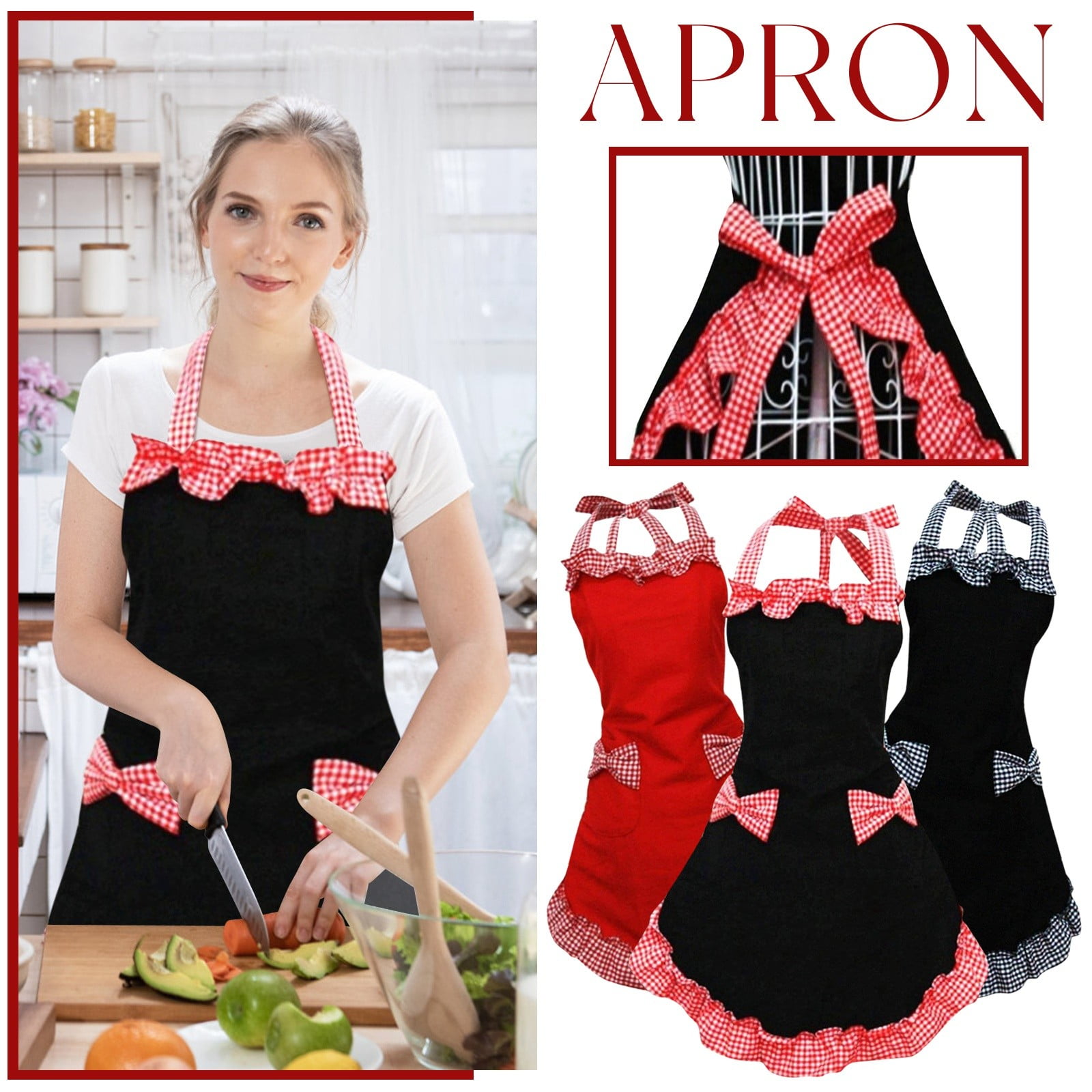Adjustable Plaid Ruffle Bow Kitchen Apron, Dirt Resistant Cooking ...