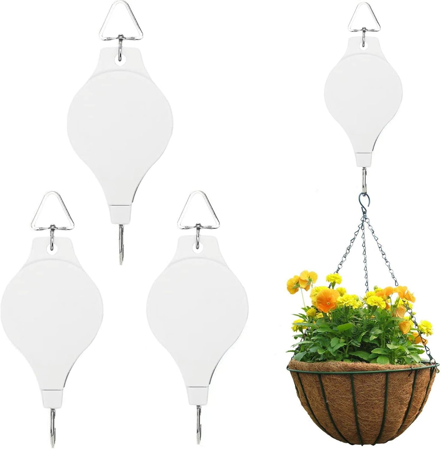 Adjustable Plant Pulley Retractable Hanging Planters Flower Basket Hook Hanger for Gardening Pot and Outdoor Birds Feeders in Different Height Lower and Raise Pack of 3 Pieces(White)