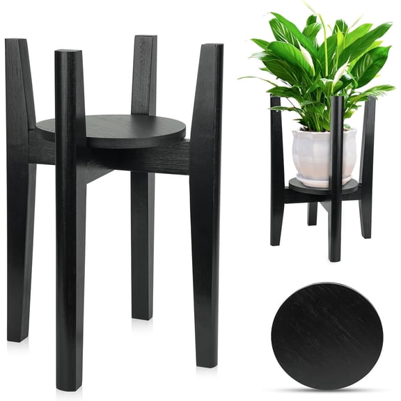 Adjustable Plant Stand with Tray,Indoor Wood Plant Stand Fit 8'' to 12'' Planter,Mid Century Modern Flower Pot Holder Rack(Plant and Pot Not Included)