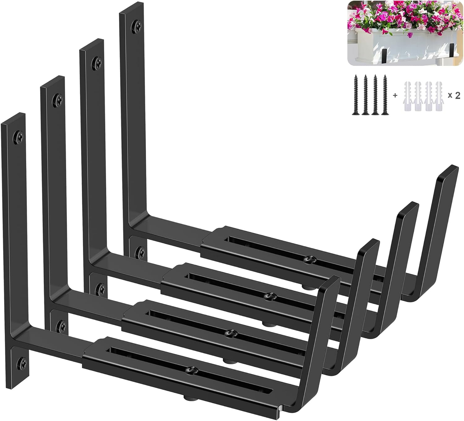 Adjustable Planter Box Brackets (6 to 12.5 in), Universal Window Box Brackets, Heavy Duty Iron Flower Box Wall Mounting Hooks for Balcony, Fences, Patio, and Garden