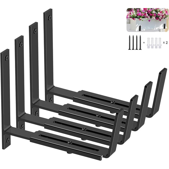 Adjustable Planter Box Brackets (6 to 12.5 in), Universal Window Box Brackets, Heavy Duty Iron Flower Box Wall Mounting Hooks for Balcony, Fences, Patio, and Garden