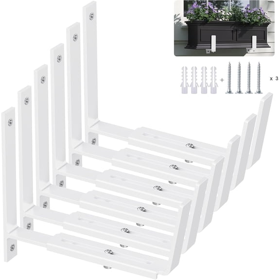 Adjustable Planter Box Brackets (6 to 12.5 in), Universal Window Box Brackets, Heavy Duty Iron Flower Box Wall Mounting Hooks for Balcony, Fences, Patio, and Garden