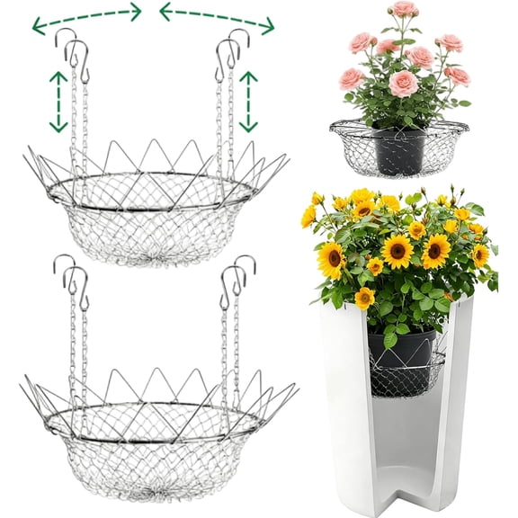Adjustable Planter Inserts for Large Pots 12-18", Stainless Steel Plant Elevator with Chain Hooks, Chain Plant Pot Filler for Tall Planters, Heavy Duty Metal Plants Riser for Deep Pots (2pcs)