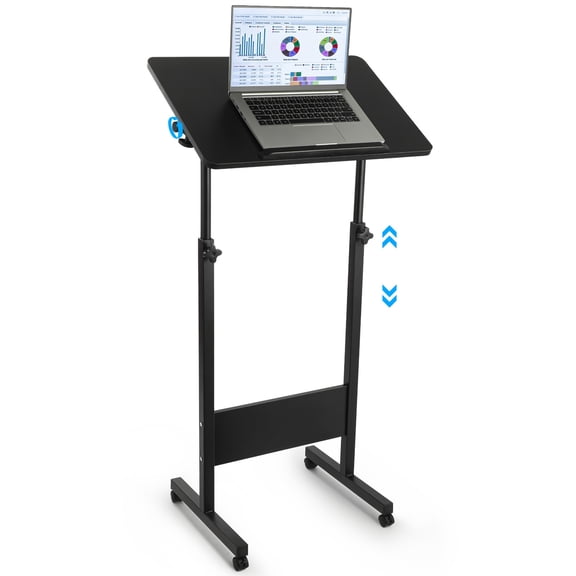 Adjustable Podium, Rolling Standing Desk with 360 Swivel Top, Mobile Lectern Easel for Presentations, Laptop Stand Up Workstation