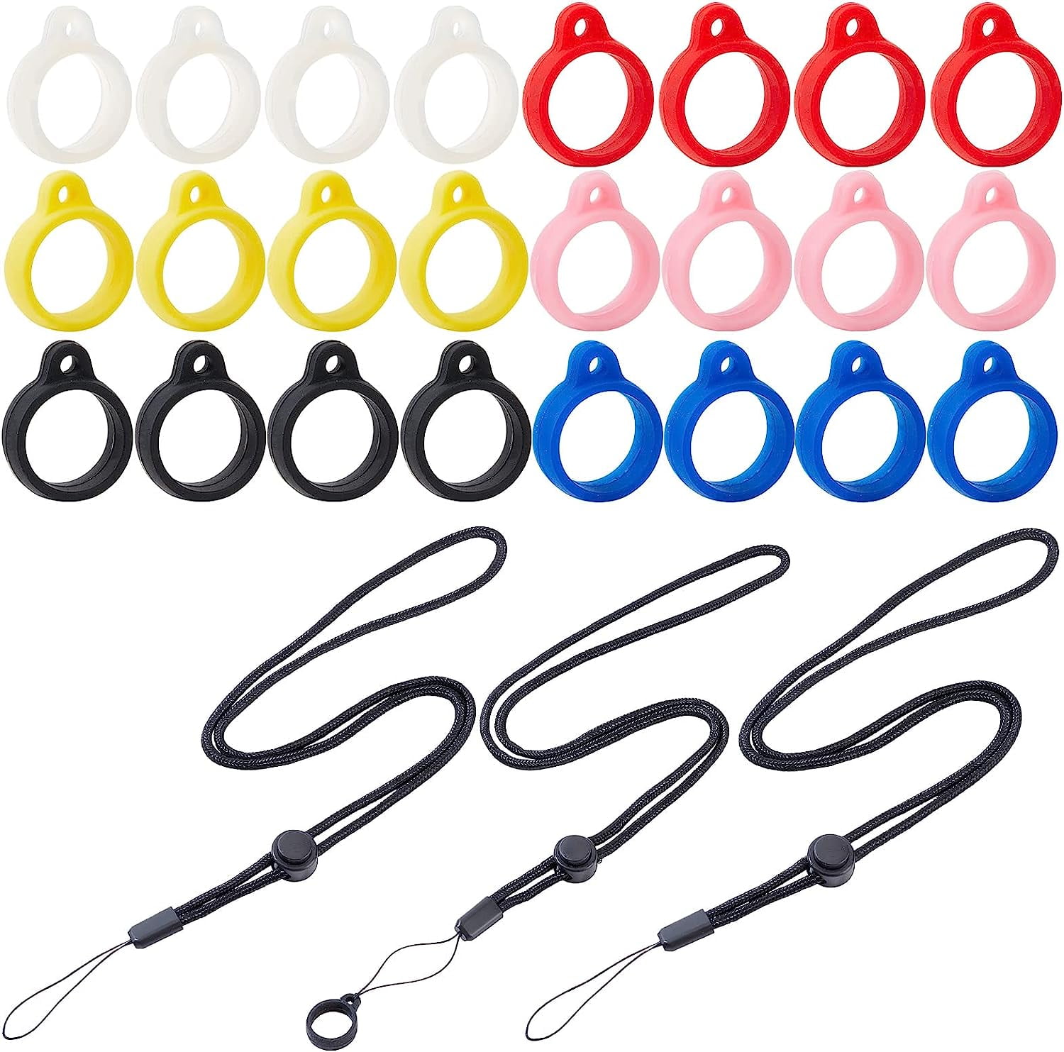 Adjustable Polyester Electronic Cigarette Anti-Lost Necklace Lanyard Silicone Bands Anti Slip Rubber Rings Mixed Color Neck Lanyard: 768mm 6pcs; Pendants: 13mm 24pcs