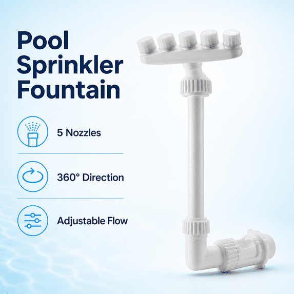 Adjustable Pool Fountain, 5 Nozzles 360 Rotating Waterfall Sprinkler with Adapters for Above Ground and In Ground Swimming Pools