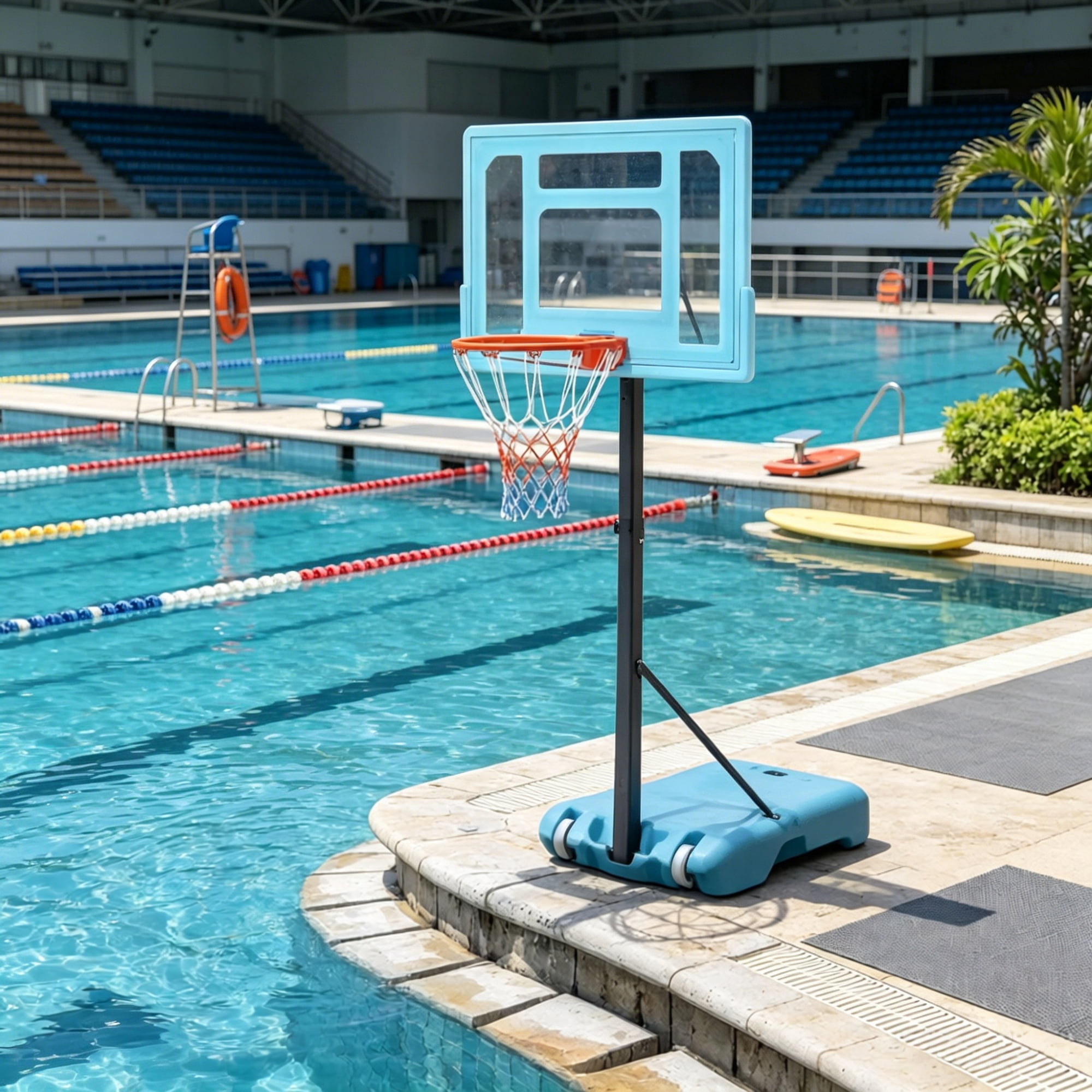 Adjustable Poolside Basketball Hoop Stand 5 Height Levels 36.5-48.5in, Weighted Fillable Base with Rolling Wheels Portable Water Basketball Game for Family Pool Party
