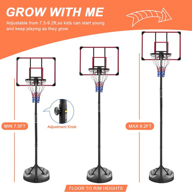 Adjustable Portable Basketball Hoop System 7.5ft 9.2ft with 32 Inch