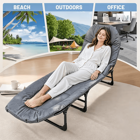 Adjustable Portable Folding Bed - 1pc Patio Lounger with Pillow Mattress - Adult Camping, Nap, Outdoor, Home, Office, Beach, And Garden Bed