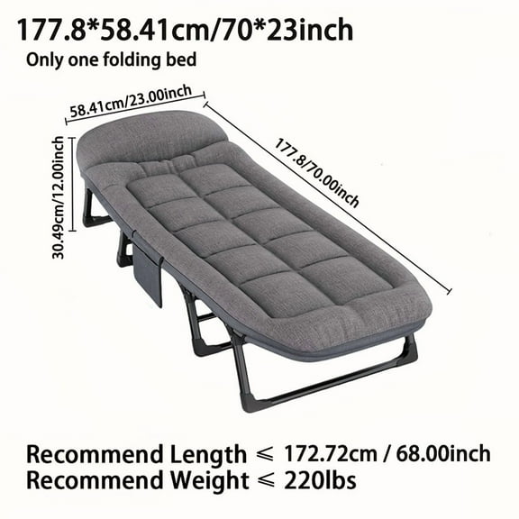 Adjustable Portable Folding Bed - 75" Gray Fabric, 550 lbs Capacity, with Pillow, Blanket & Eye Mask, Ideal for Camping, Naps, Outdoor Adventures