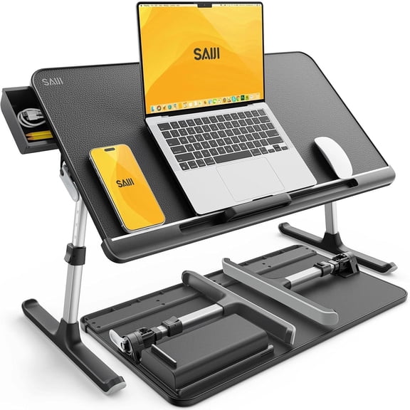 Adjustable Portable Laptop Bed Tray Table with Storage Drawer in Dark Black