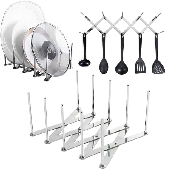 Adjustable Pot Lid Organizers,Pot Lid Holder,Multipurpose Rack for Pot Lid Plate Pans Dish Drying Kitchen Storage,Adjustable Stainless Steel Lid Rack,Silver,S