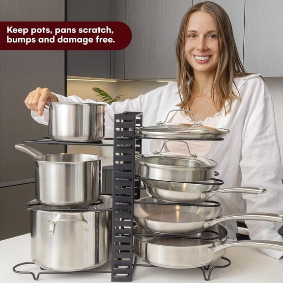 Adjustable Pots and Pans Organizer - 8 Tier Versatile Kitchen Pot Rack for Counter and Cabinet - Easy Setup, 3 Installation Ways, Accommodates 8+ Pots and Pans - Space-Saving Black Design