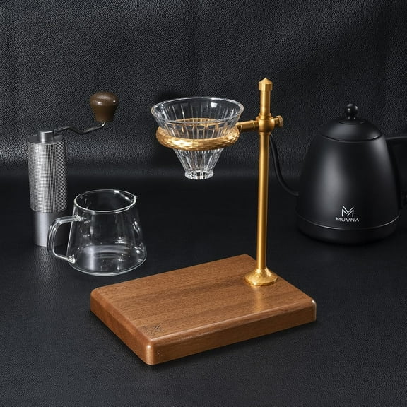 Adjustable Pour Over Coffee Stand with Walnut Base, 360° Rotation Dripper Holder for Brewing Coffee
