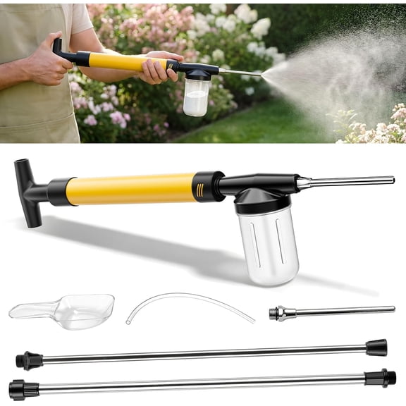 Adjustable Powder Duster with 4 FT Extension Pole, Manual Pump Sprayer for Diatomaceous Earth and Fine Garden Powder, Handheld Dispenser Tool for Home and Yard Maintenance (Yellow)