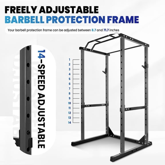 Adjustable Power Cage, 1200LBS Capacity Squat Rack with Pull-Up Bar, J-Hooks & Safety Bars, Commercial Grade Home Gym Equipment for Weightlifting, Bench Press, Squats
