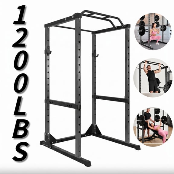 Adjustable Power Cage 1200LBS Squat Rack with Pull-Up Bar J-Hooks & Safety Bars, Commercial Home Gym Equipment