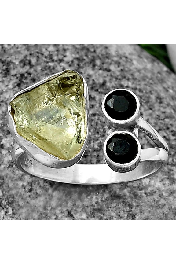 Adjustable - Prasiolite Rough & Black Onyx 925 Silver Ring s.7 Jewelry R-1243 SDR206942