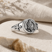 Adjustable Prayer Hands Ring for Men Women, Silver Tone Copper Cross Ring