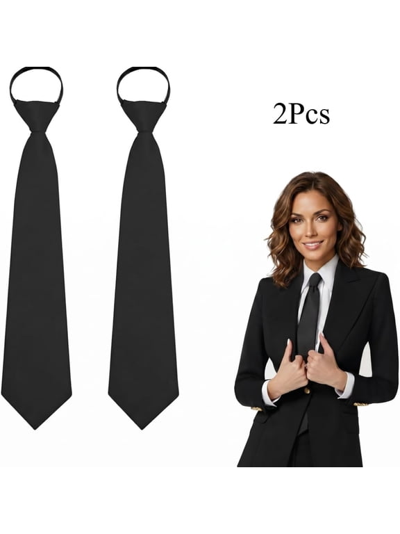 Adjustable Pre-tied Zipper Necktie, Solid Black, 3.15 Inch Width, for Women, Boys, Girls, Business Uniforms