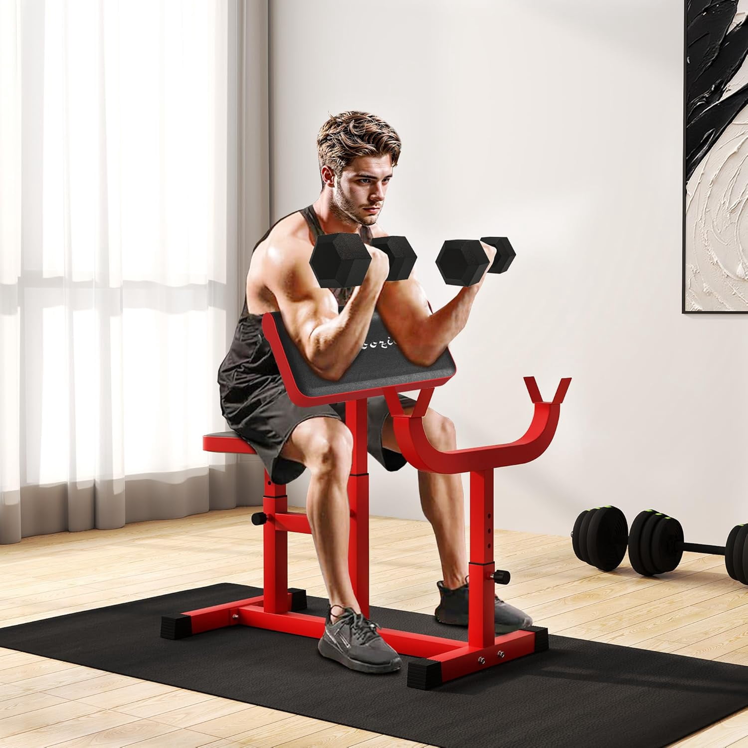 Adjustable Preacher Curl with Barbell Rack, Strength Training Seated ...