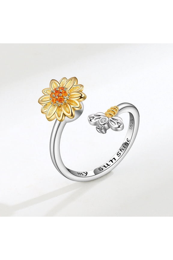 Adjustable Pressure Relief Opening Decompression Ring with Zircon Mosaic Sunflower Bee Geometry Size 15 Platinum Color