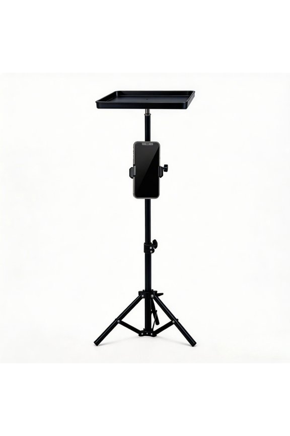 Adjustable Projector Tripod Stand with Phone Holder, Foldable Portable Projector Stand with Anti-Slip Tray, Height 21.65"-47.2" for Home Theater Outdoor Movie Office Live Streaming