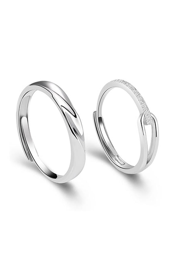 Adjustable Promise Couple Rings Set, Twisted Band & Paved Cubic Zirconia Open Rings, Silver Tone Matching Wedding Band Jewelry for Men Women