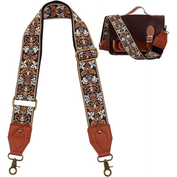 Adjustable Purse Strap Wide Shoulder Strap Replacement 32.7~60.4 Inch Crossbody Strap Retro Ethnic Style Handbag Canvas Strap Bohemian Pattern Guitar Strap for Wallet Tote Bag Black