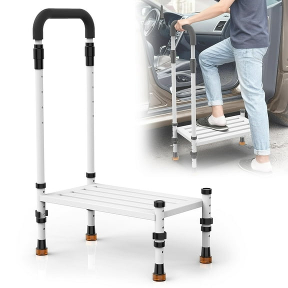 Adjustable RV Step Stool with Handrail, Wide Non-Slip Platform, Height Adjustable Safety Step
