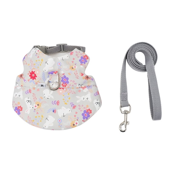 Adjustable Rabbit Harness with 3.94ft Leash, Cute Floral Print Breathable Vest for Small Pets, Escape Proof for Outdoor Walking, Gray