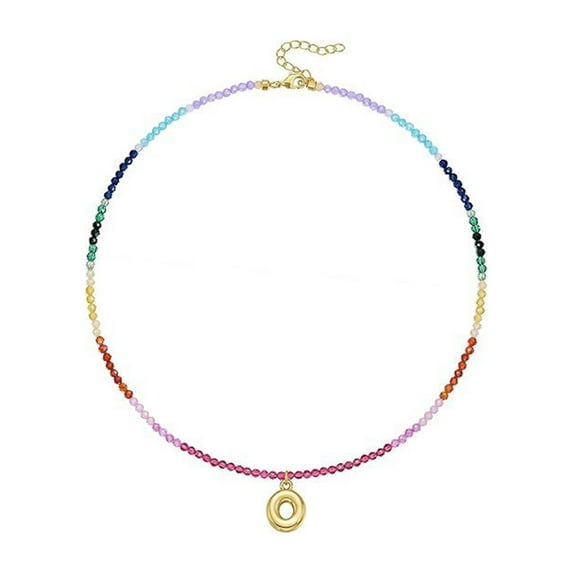 Adjustable Rainbow Bubbled Letter Necklace With Colorful Gemstones Beads 14K Gold Plated Beach Jewelry Accessory