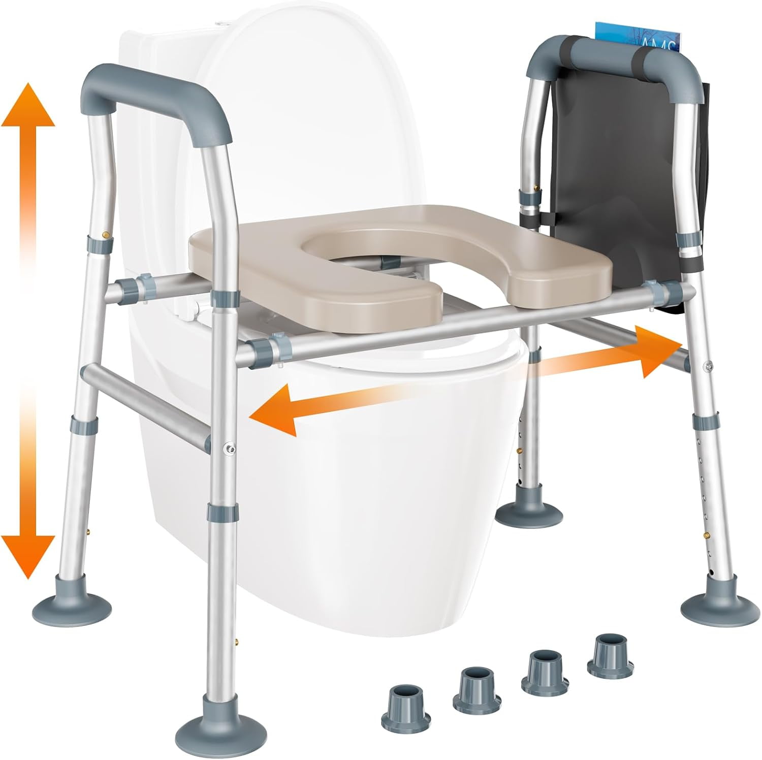 Adjustable Raised Toilet Seat with Handles for Seniors Cozy Padded Seat Elevated Toilet Seat for Elderly, 8 Heights \u0026 3 Widths, 400lb Weight Capacity, Non-Slip Foot Caps, Aluminum Alloy