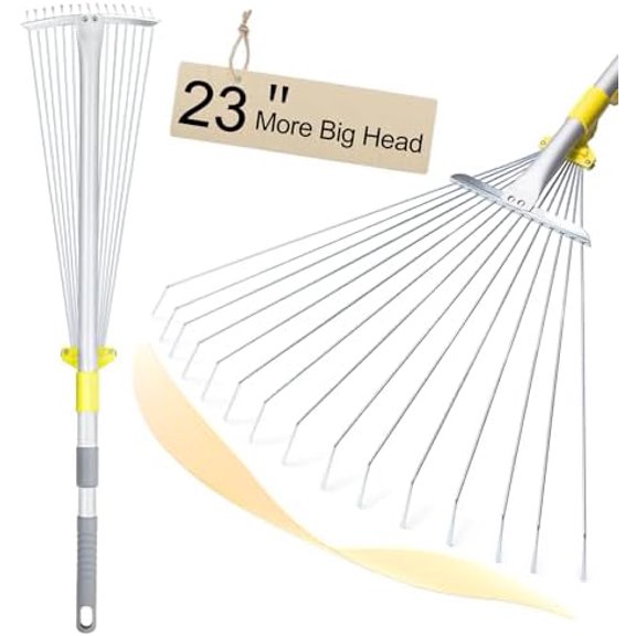 Adjustable Rakes for Leaves, Larger Garden Leaf Rake for Lawns Grass with 7-23" Expandable Head, Yard Collapsible Rake for Camping (64 inches)