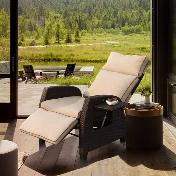 Adjustable Recliner, Relaxing Sofa Chair with Retractable Table Board, Outdoor Wicker Furniture Lounge with Soft Thicken Cushions, for Porch, Backyard, Pool or Garden, Beige