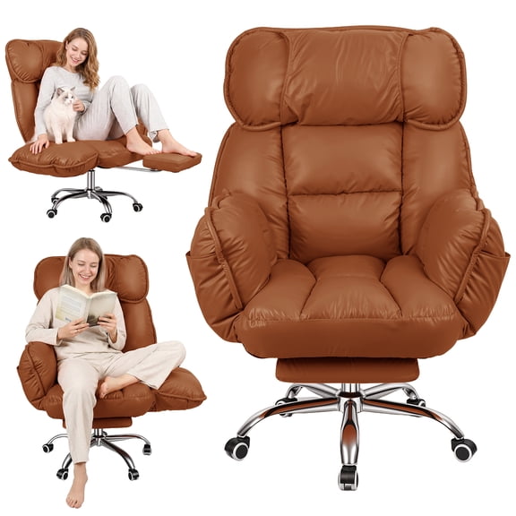 Adjustable Reclining Leisure Office Chair, Adjustable Backrest & 5-Position Adjustable Armrest, Waterproof Faux Leather Swivel Chair with Retractable Footrest & Side Storage Pocket, Brown