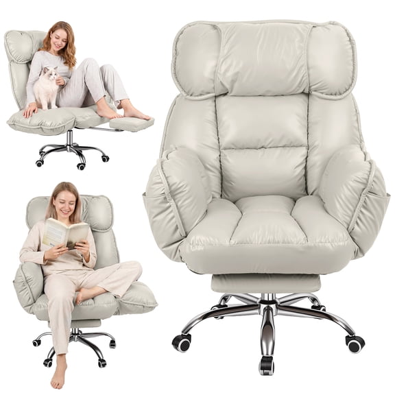 Adjustable Reclining Leisure Office Chair, Adjustable Backrest & 5-Position Adjustable Armrest, Waterproof Faux Leather Swivel Chair with Retractable Footrest & Side Storage Pocket, Beige