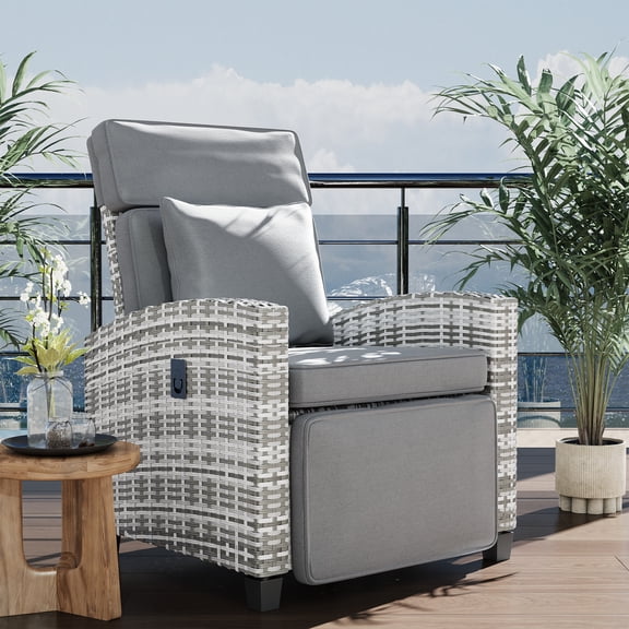 Adjustable Reclining Patio Chair with Footrest – Outdoor Wicker Rattan Sun Lounger, Removable Cushion, Turn Over-Up Side Table, Armrest, Gray and White Gradient Rattan + Gray Cushion