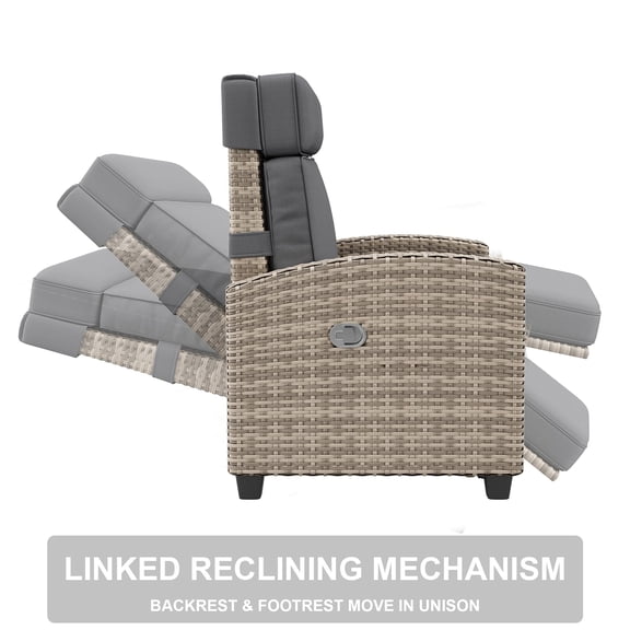 Adjustable Reclining Patio Chair with Footrest – Outdoor Wicker Rattan Sun Lounger, Removable Khaki Cushion, Turn Over-Up Side Table, Armrest Console Tray, Air Pump, for Garden, Pool, Balcony