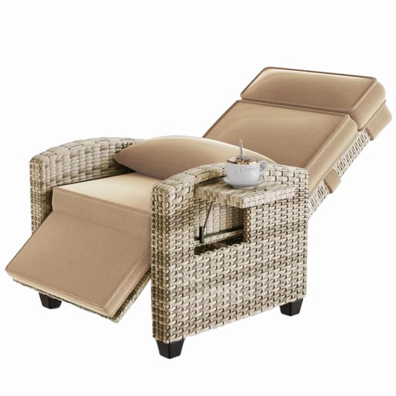 Adjustable Reclining Patio Chair with Footrest – Outdoor Wicker Rattan Sun Lounger, Removable Khaki Cushion, Turn Over-Up Side Table, Brown Rattan + Khaki Cushion