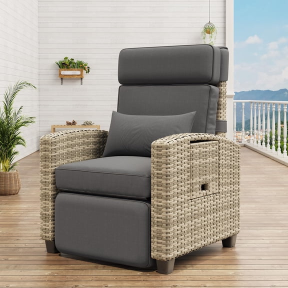 Adjustable Reclining Patio Chair - Outdoor Rattan Armchair with 150° Backrest & Footrest, Air Pump, Removable Cushion, Turn over-Up Side Table - Wicker Lounge Chair for Garden, Lawn, Deck